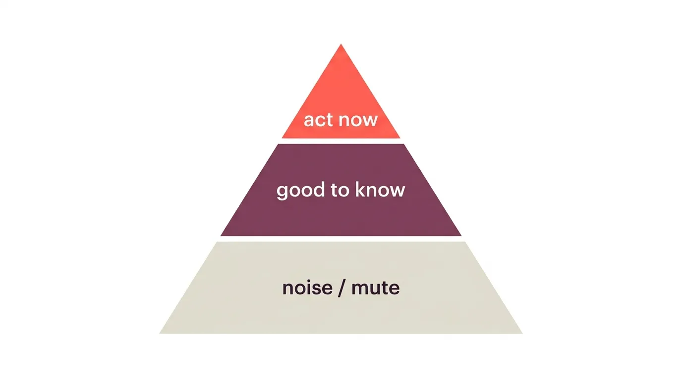 Three-tier pyramid sorting bot alerts into act-now, good-to-know, and noise
