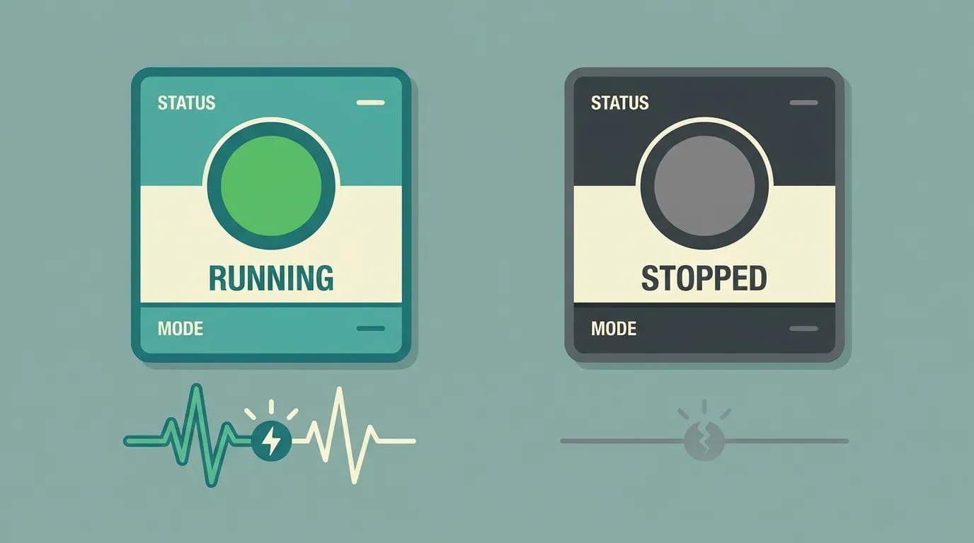 Two bot status cards, one with a live heartbeat and one with a flat line indicating a silently stopped bot