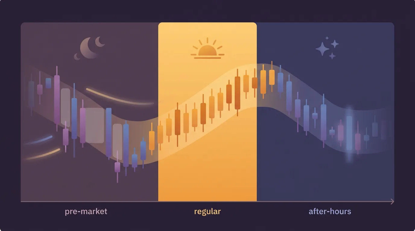 A trading timeline divided into pre-market, regular, and after-hours sessions with spreads widening in the darker windows.