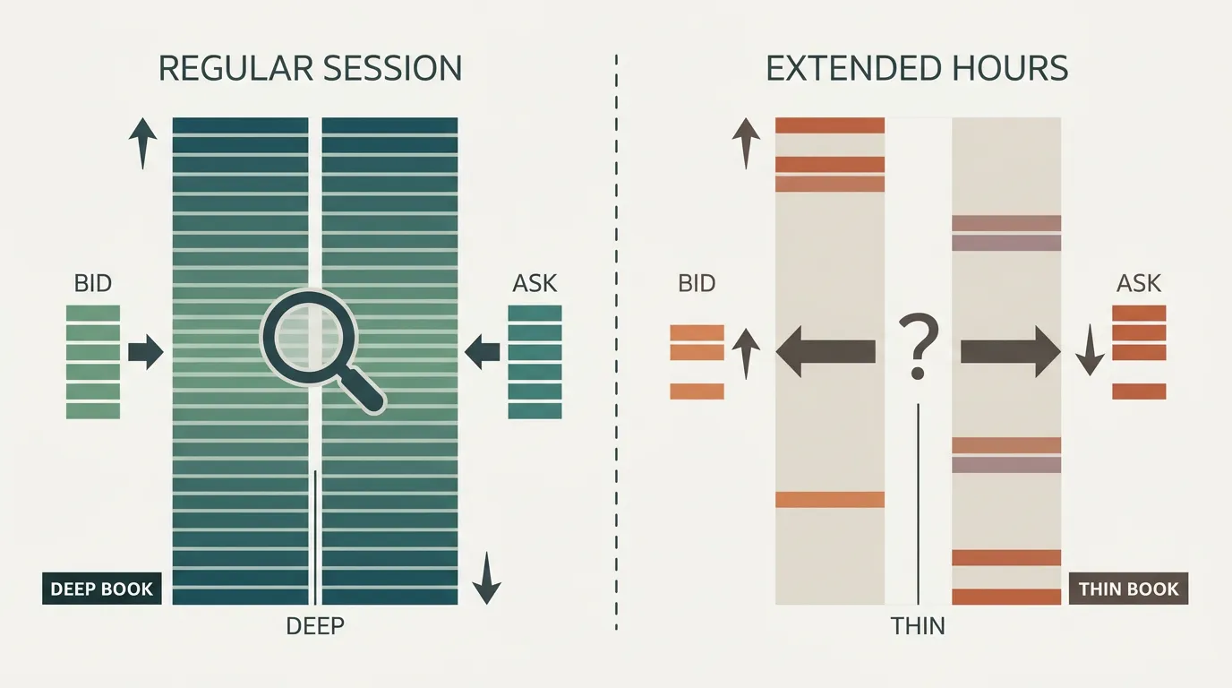 Side-by-side order book diagram showing a deep tight book in regular hours versus a sparse wide-spread book in extended hours.