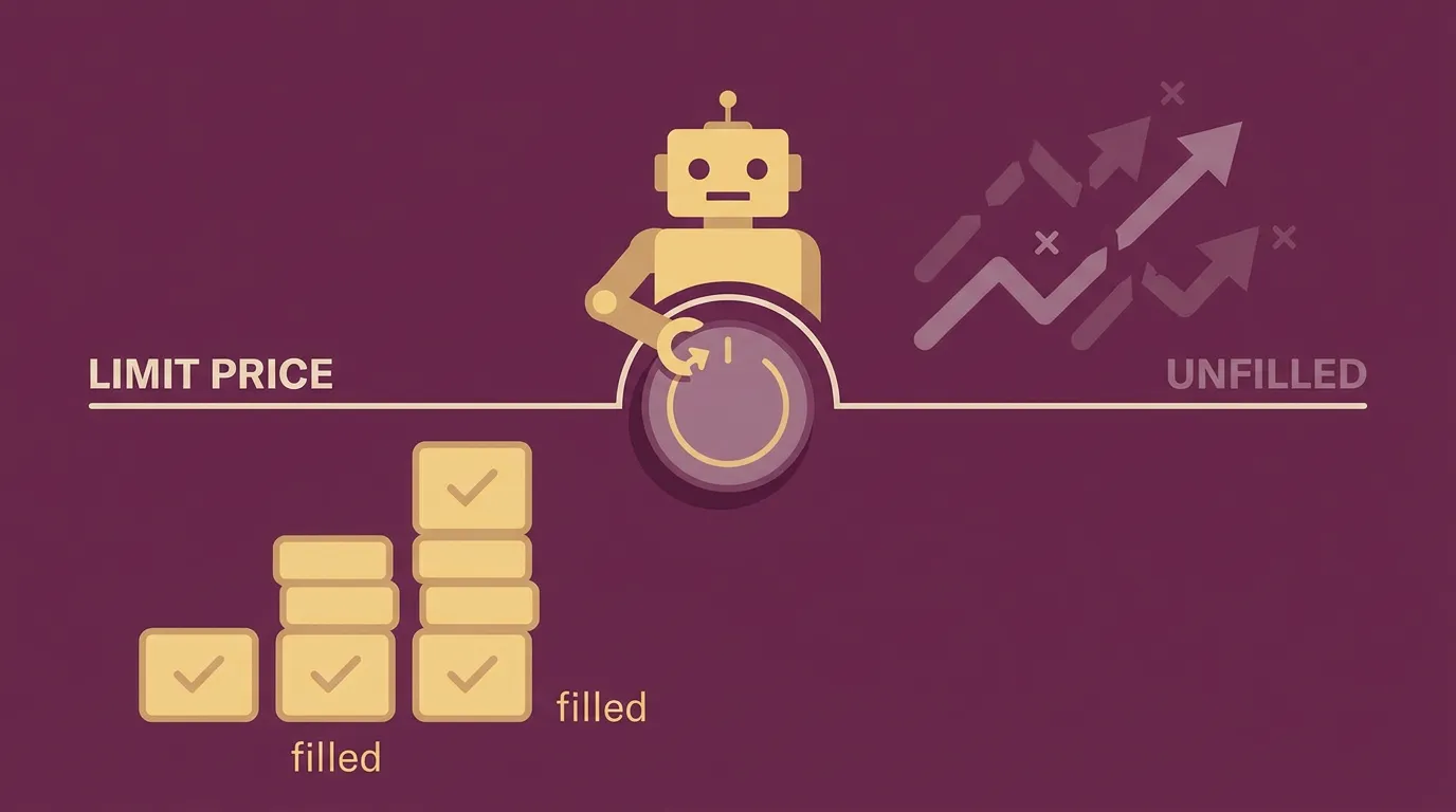 A bot setting a limit price with orders below the line filling and orders above expiring unfilled.