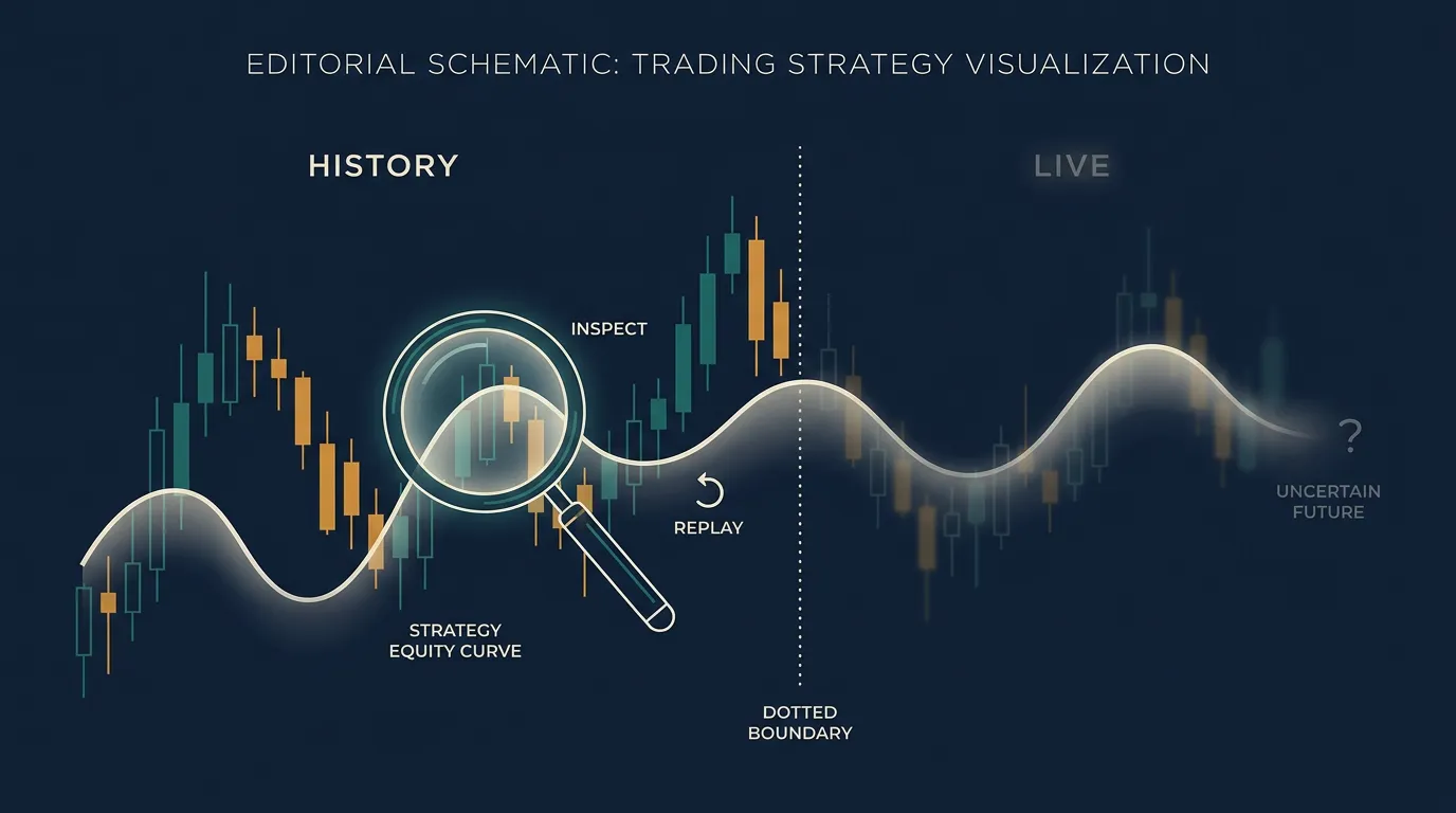 Two-panel schematic showing a strategy equity curve replayed over historical candles, then continuing into an uncertain live zone.