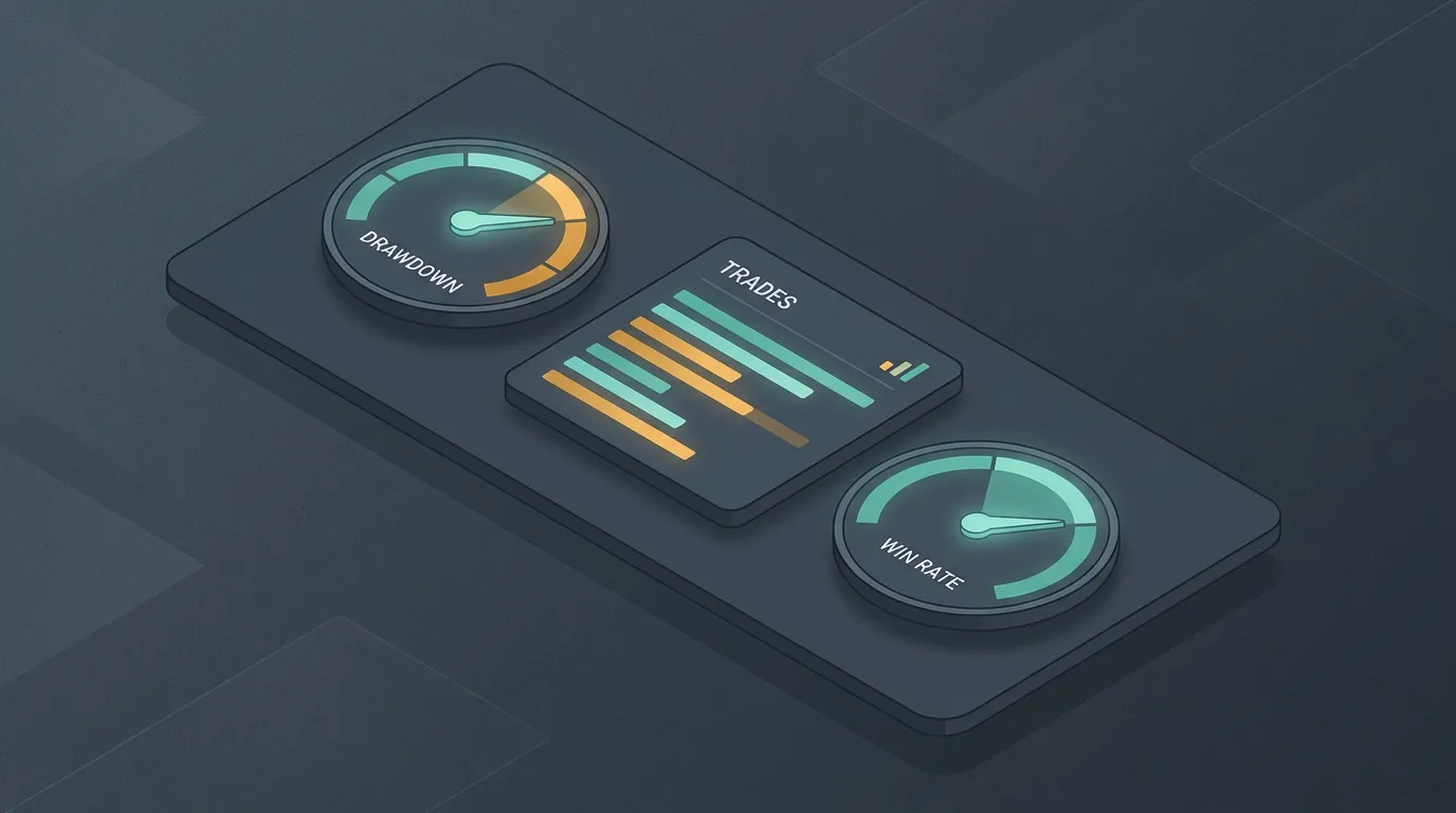 Isometric panel of trading metric gauges labelled drawdown, trades, and win rate.