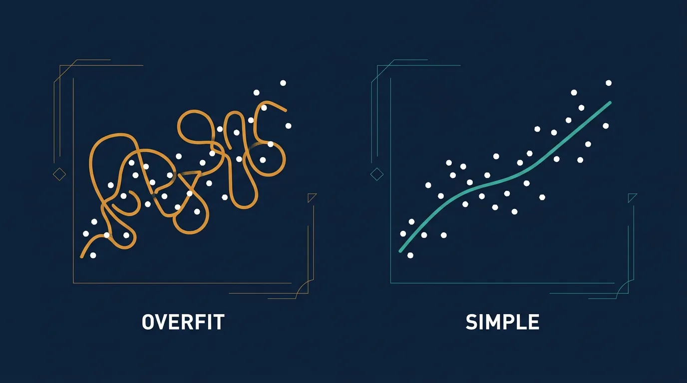 Illustration contrasting an overfit tangled curve with a simple clean line through the same data points.