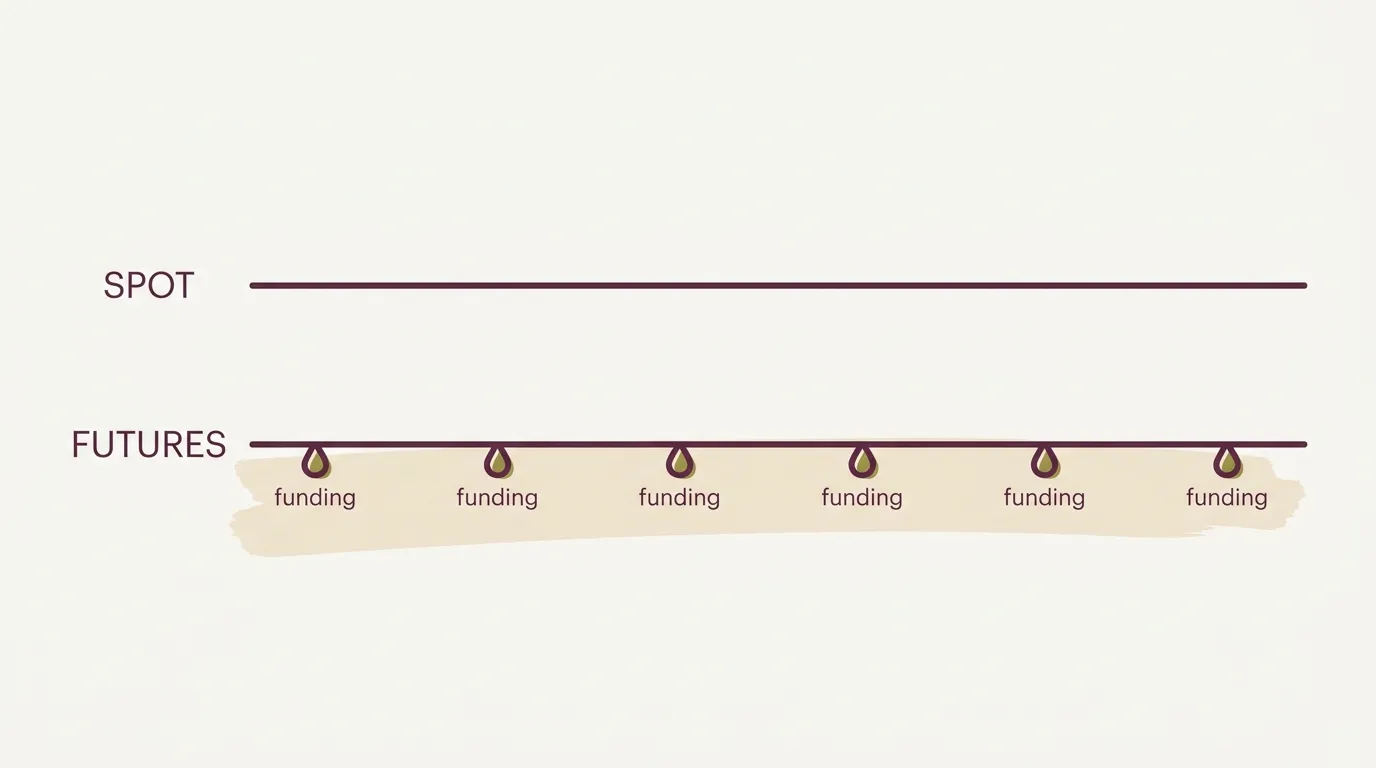 Timeline comparison showing spot has no holding cost while futures pays funding at regular intervals