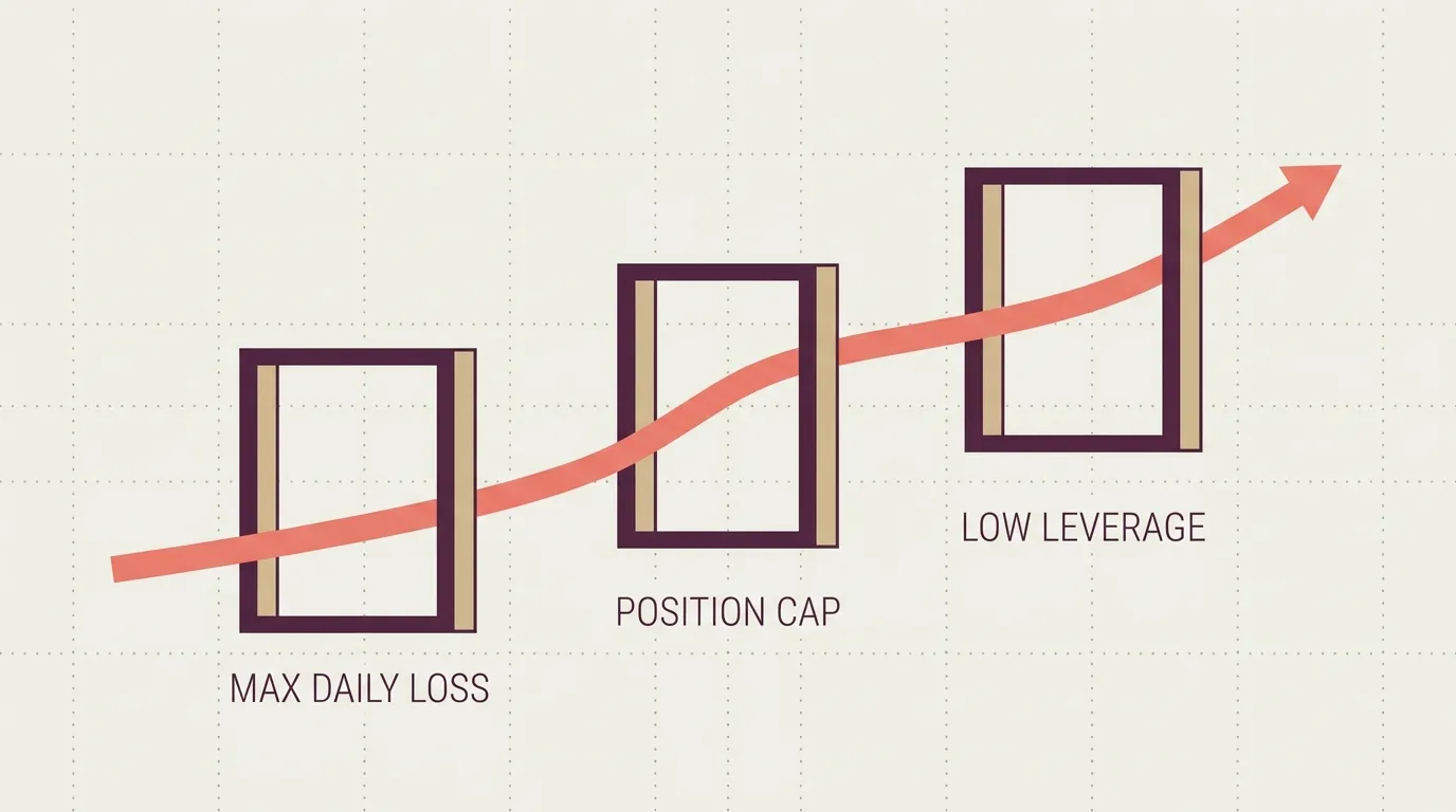An equity curve passing through three labeled guardrails: max daily loss, position cap and low leverage