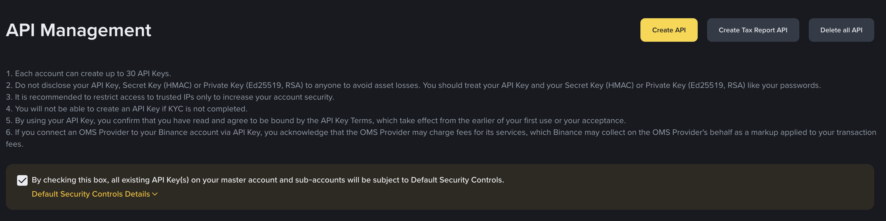 Binance API Management page with the Create API button in the top right corner