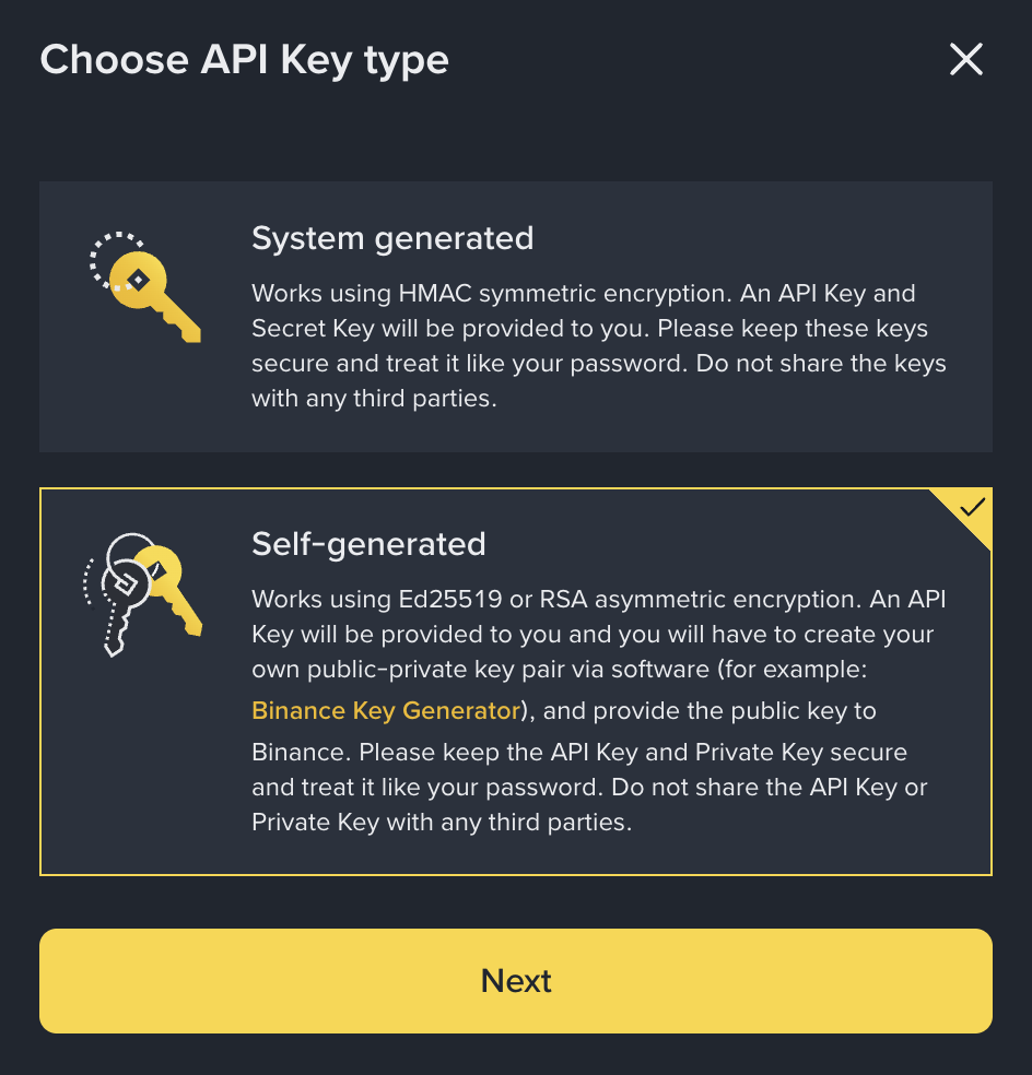Binance Choose API Key type dialog with Self-generated selected