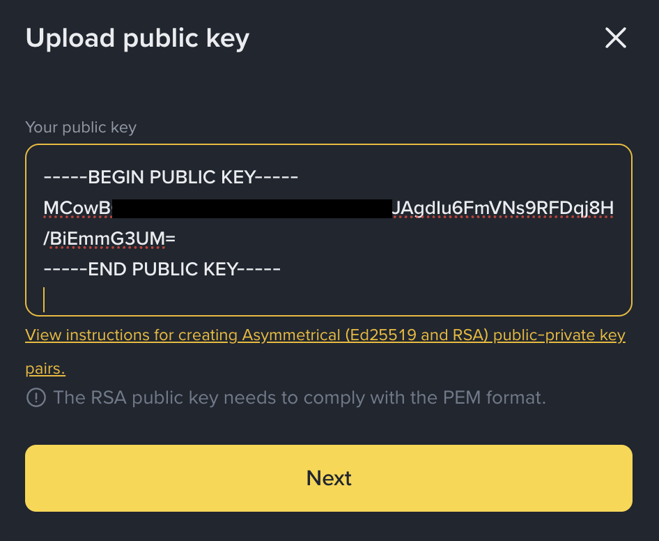 Binance Upload public key dialog with the algomax connection key pasted in PEM format