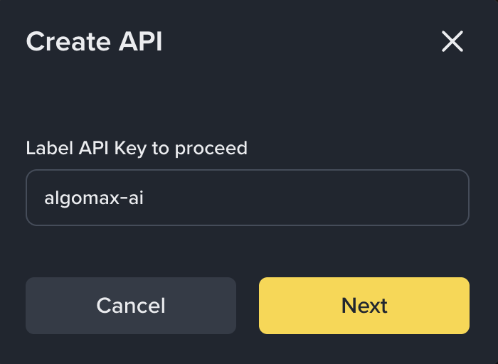 Binance Create API dialog with the key labeled algomax-ai