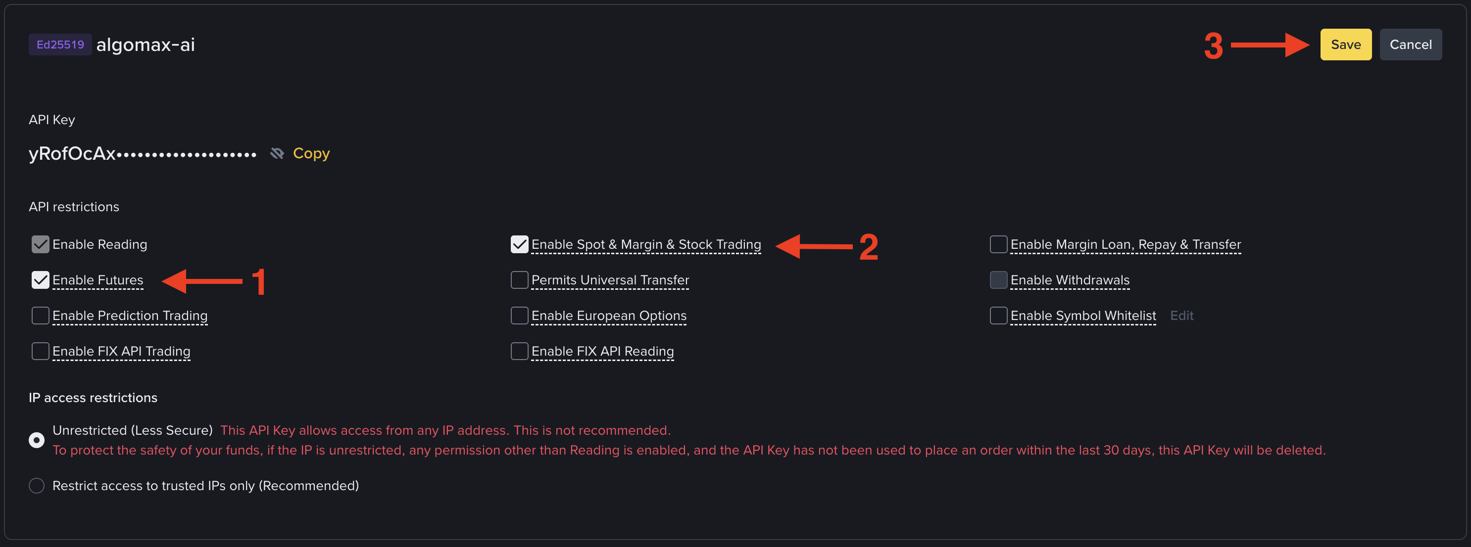 Binance API restrictions screen with Enable Futures and Enable Spot and Margin trading checked and the Save button highlighted