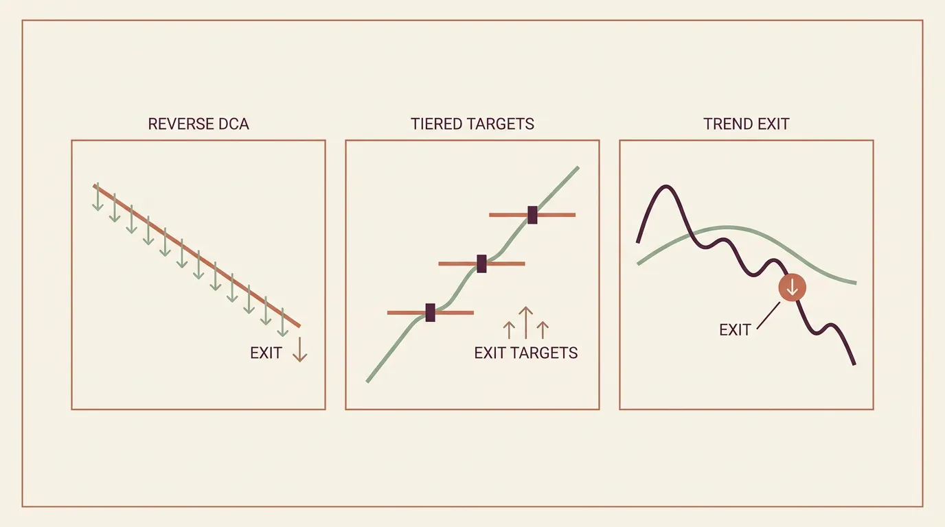 Three panel diagram comparing reverse DCA, tiered targets, and trend exit strategies