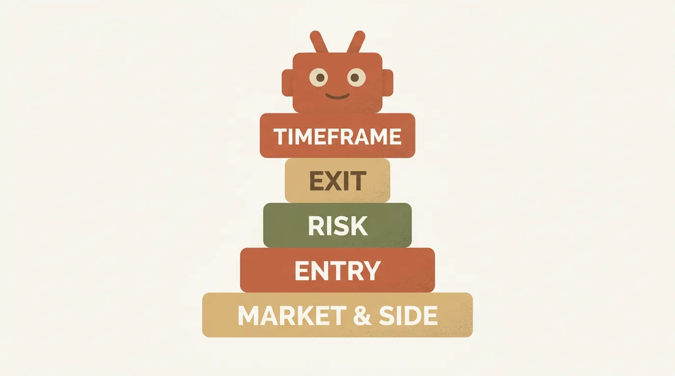 Five building blocks of a strategy description: market and side, entry, exit, risk, and timeframe