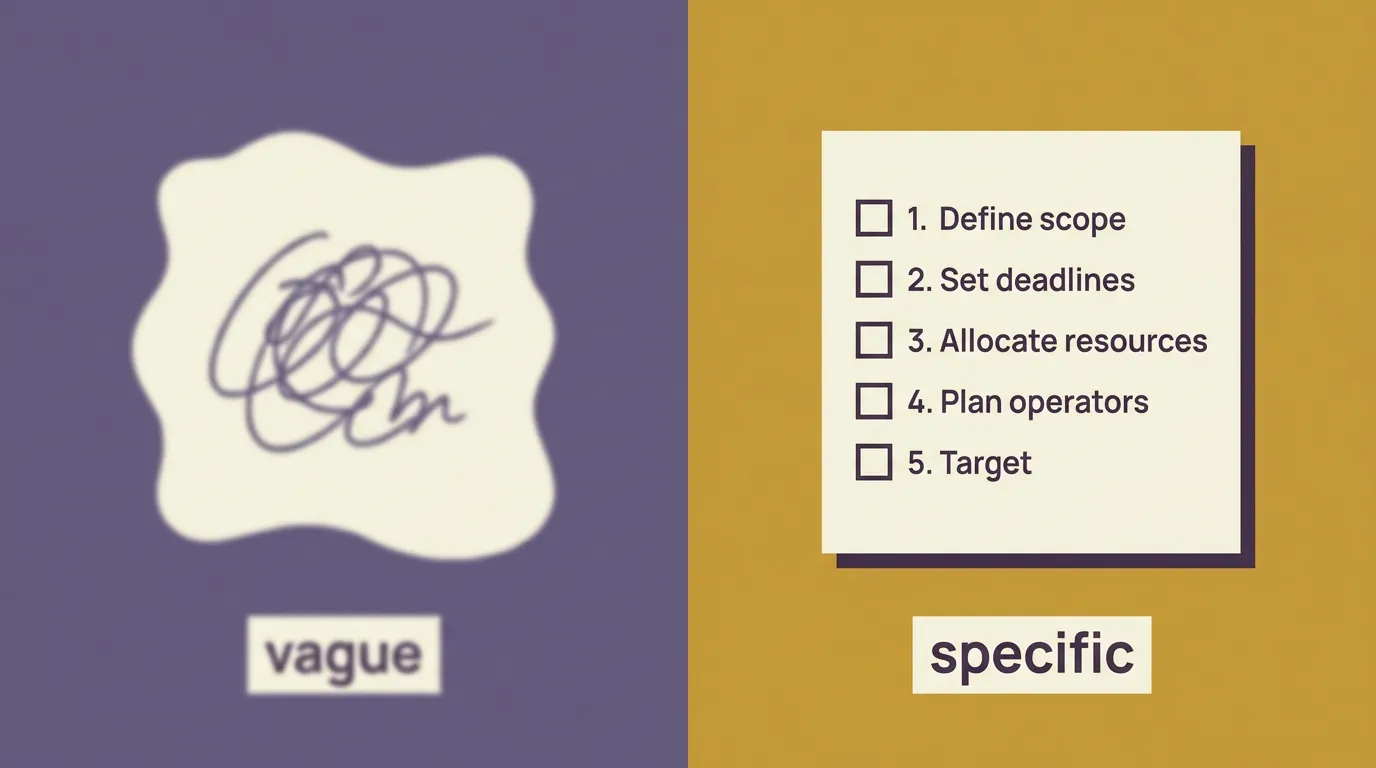 Side-by-side of a vague fuzzy note versus a crisp specific checklist