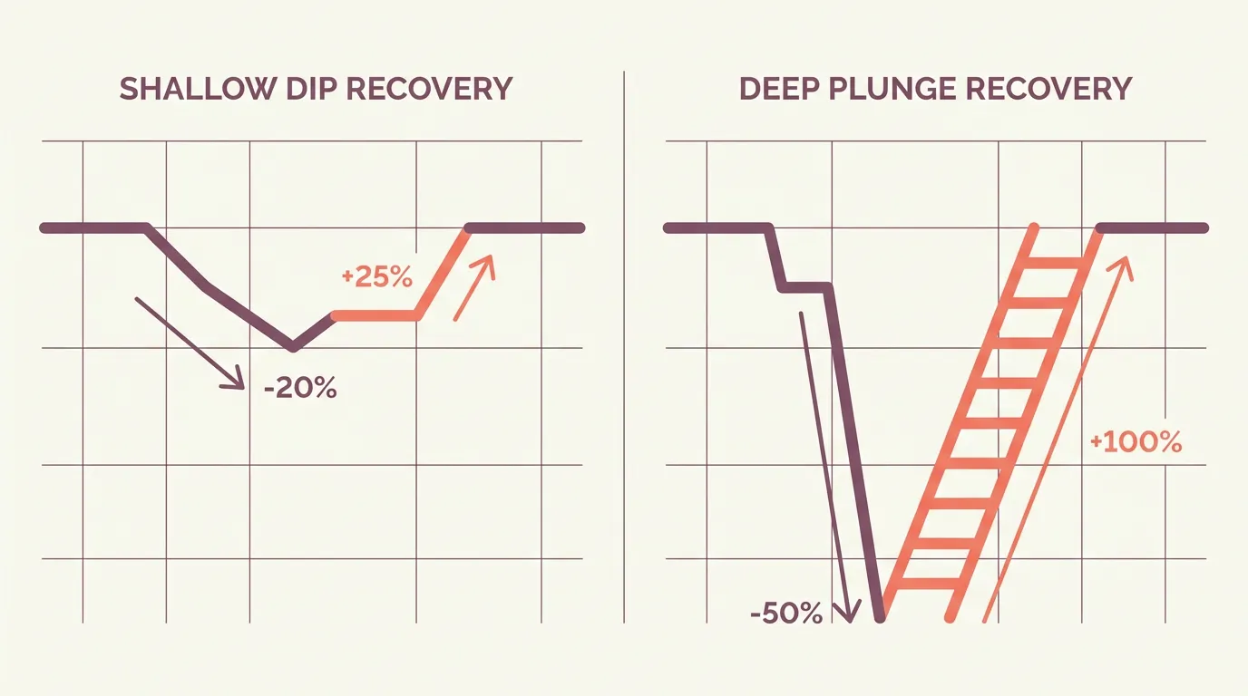 Diagram comparing a shallow drawdown with an easy recovery to a deep drawdown requiring a much steeper climb back to break even.
