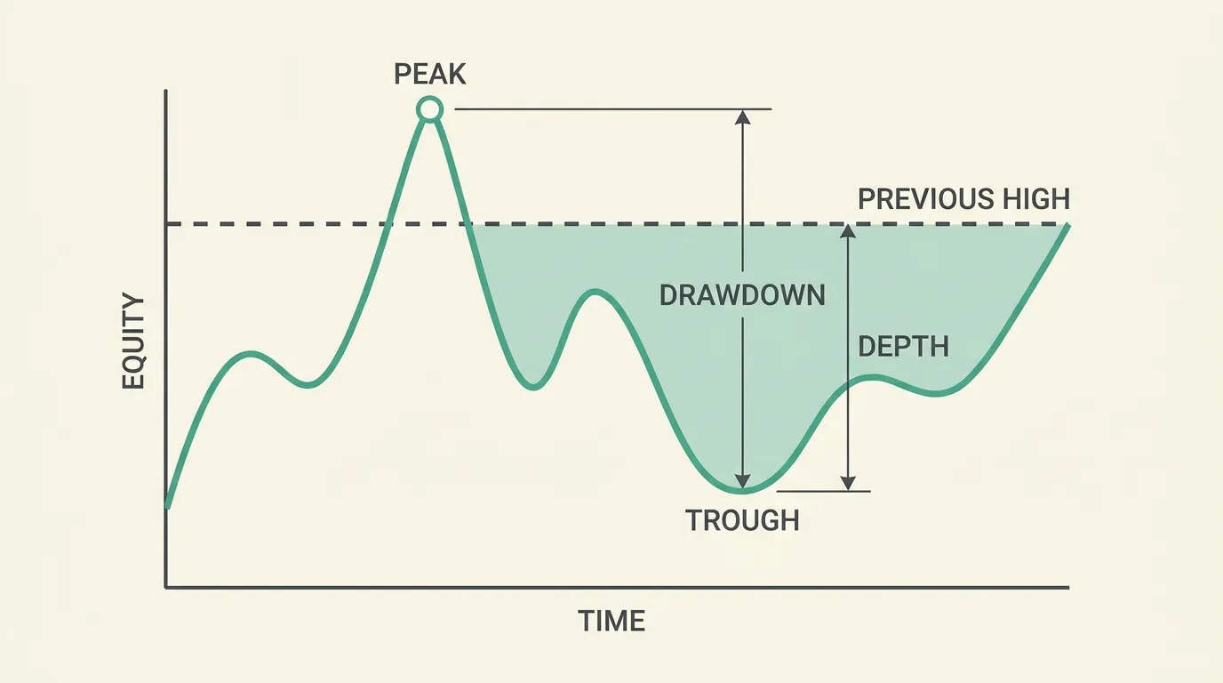 Equity curve illustration showing the peak, a shaded drawdown region down to the trough, and a dashed line at the previous high.