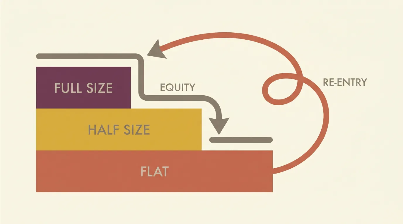 Staircase diagram showing position size being halved at one drawdown level and flattened at a deeper level