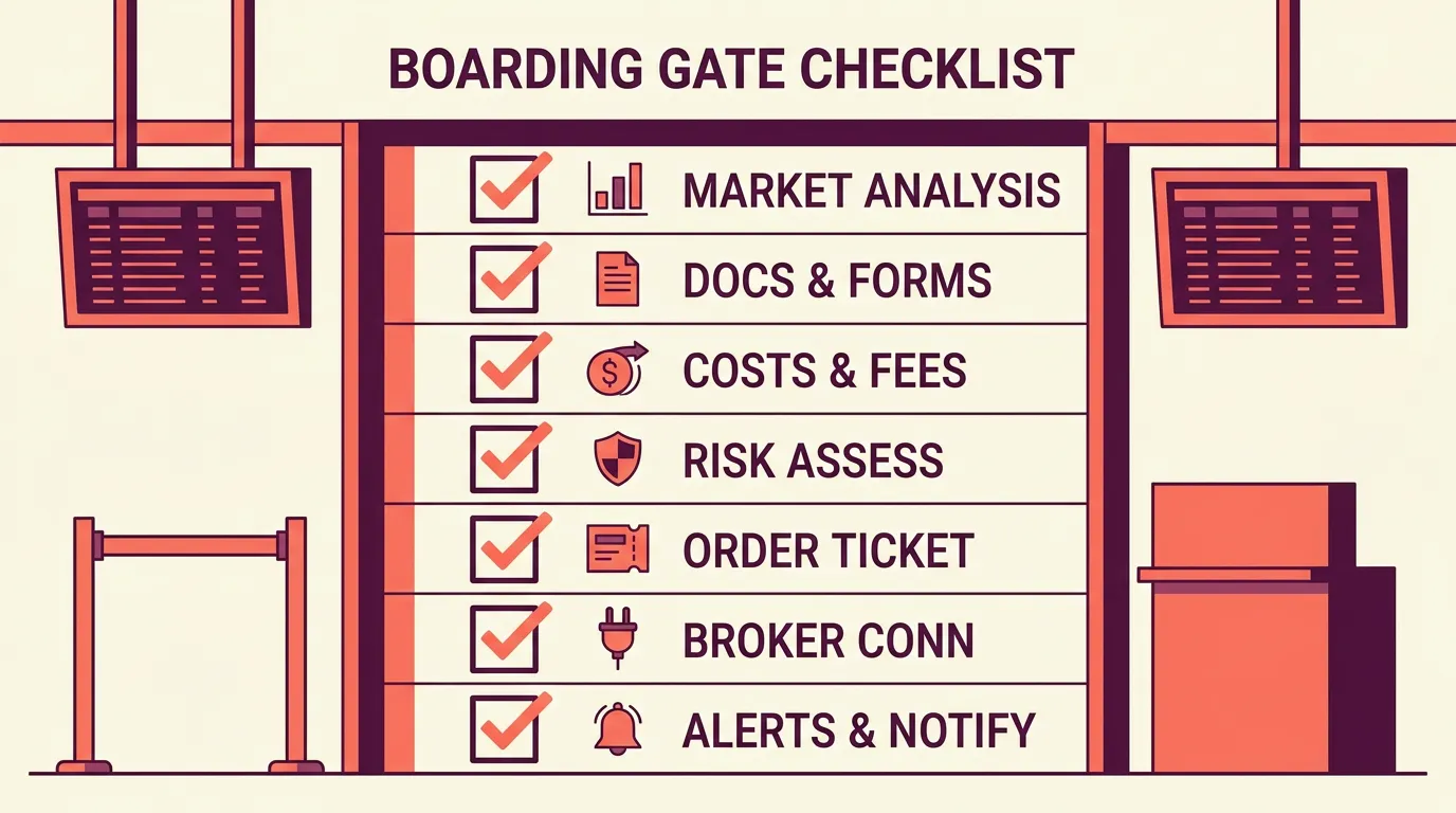 A seven-item pre-live checklist with icons for out-of-sample, paper trading, costs, risk, orders, broker, and alerts