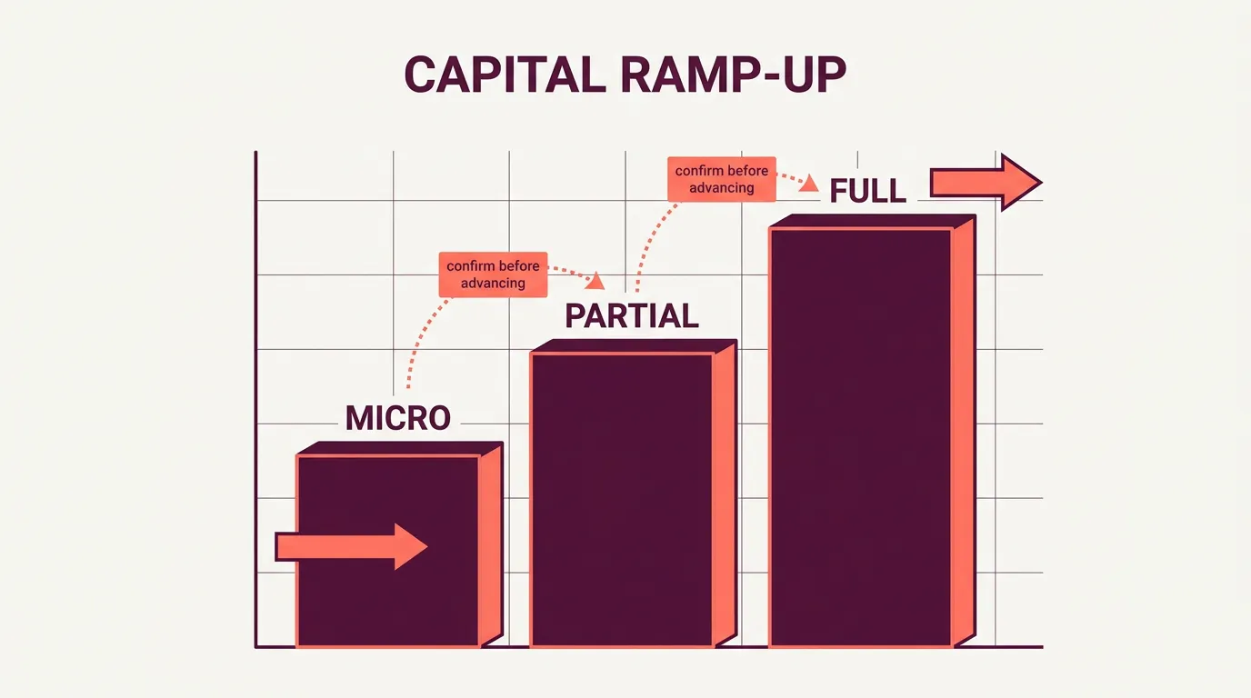 A three-stage ramp from micro to partial to full allocation with confirmation gates between stages