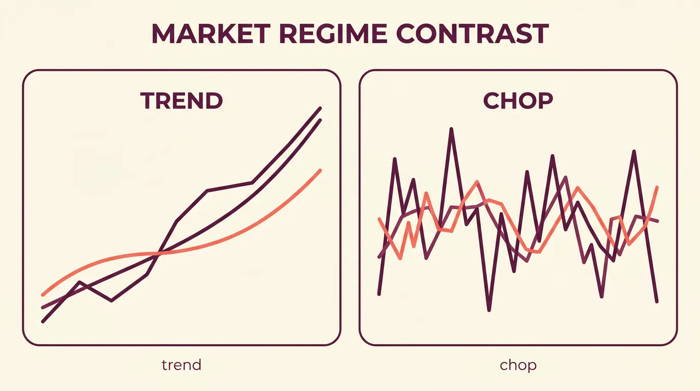 Comparison of a clean trending market versus a choppy market showing single versus repeated moving average crossovers.