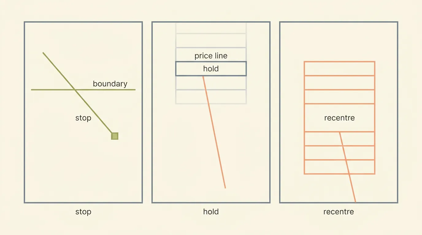 Three-panel diagram comparing grid bot edge rules: hard stop, hold inventory, and recentre the range.