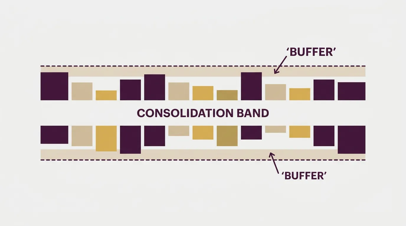 Diagram showing grid bounds placed outside a consolidation range with a buffer gap on each side.