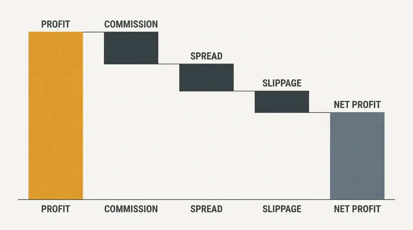 Waterfall diagram showing commission, spread, and slippage reducing a single trade's profit