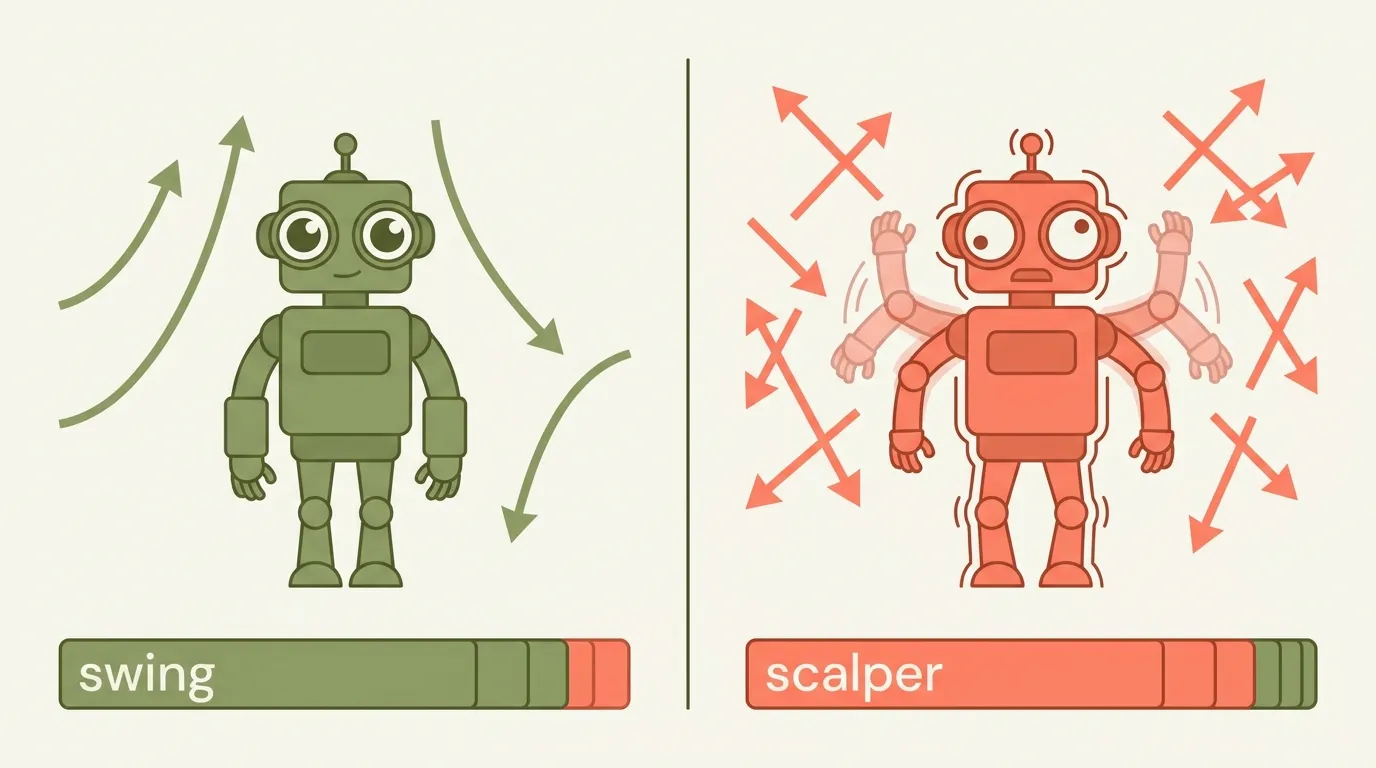 Comparison of a low-turnover swing bot versus a high-turnover scalper bot and their net profit