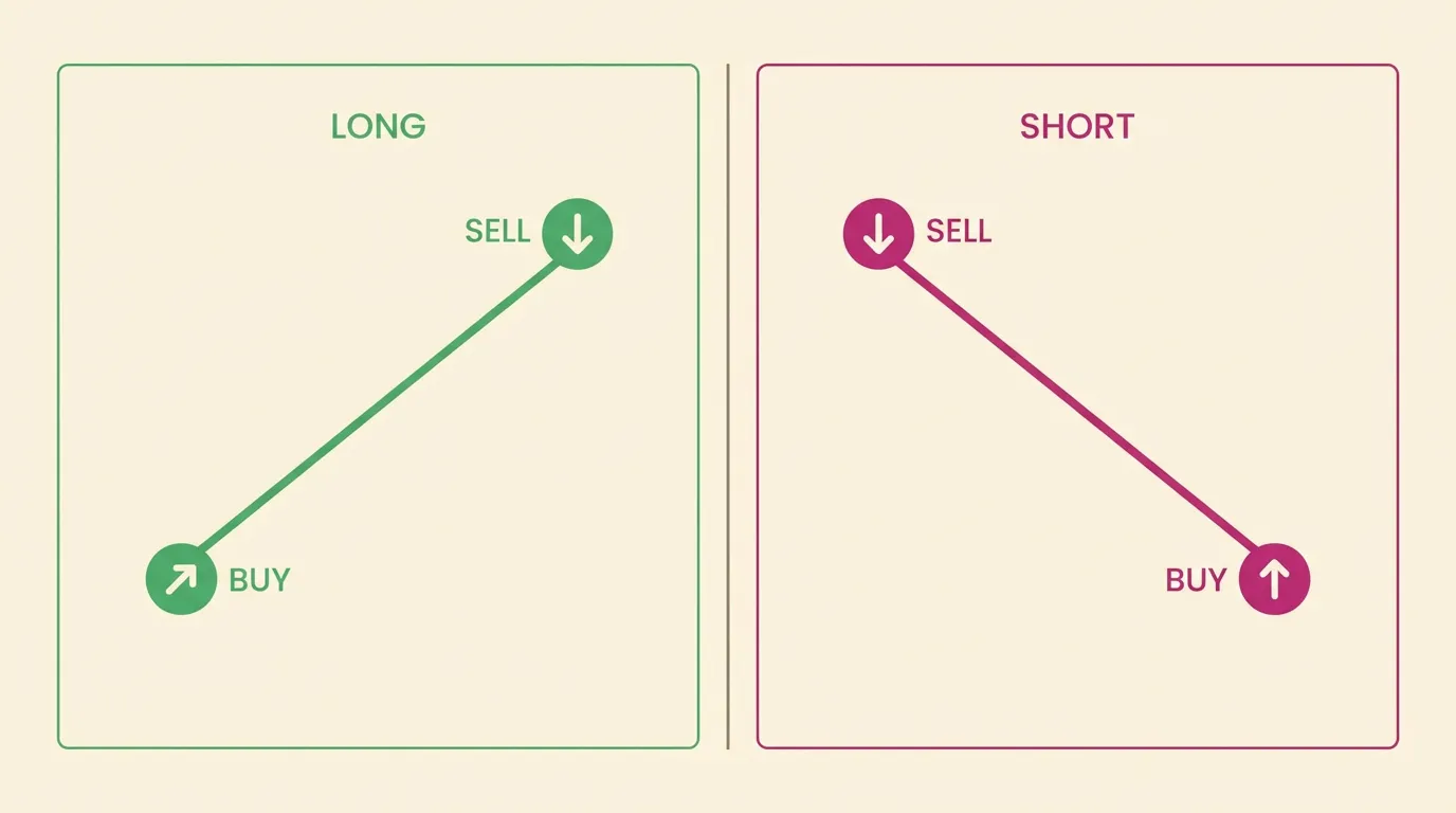 Two side-by-side panels contrasting a long trade buying then selling, and a short trade selling then buying.