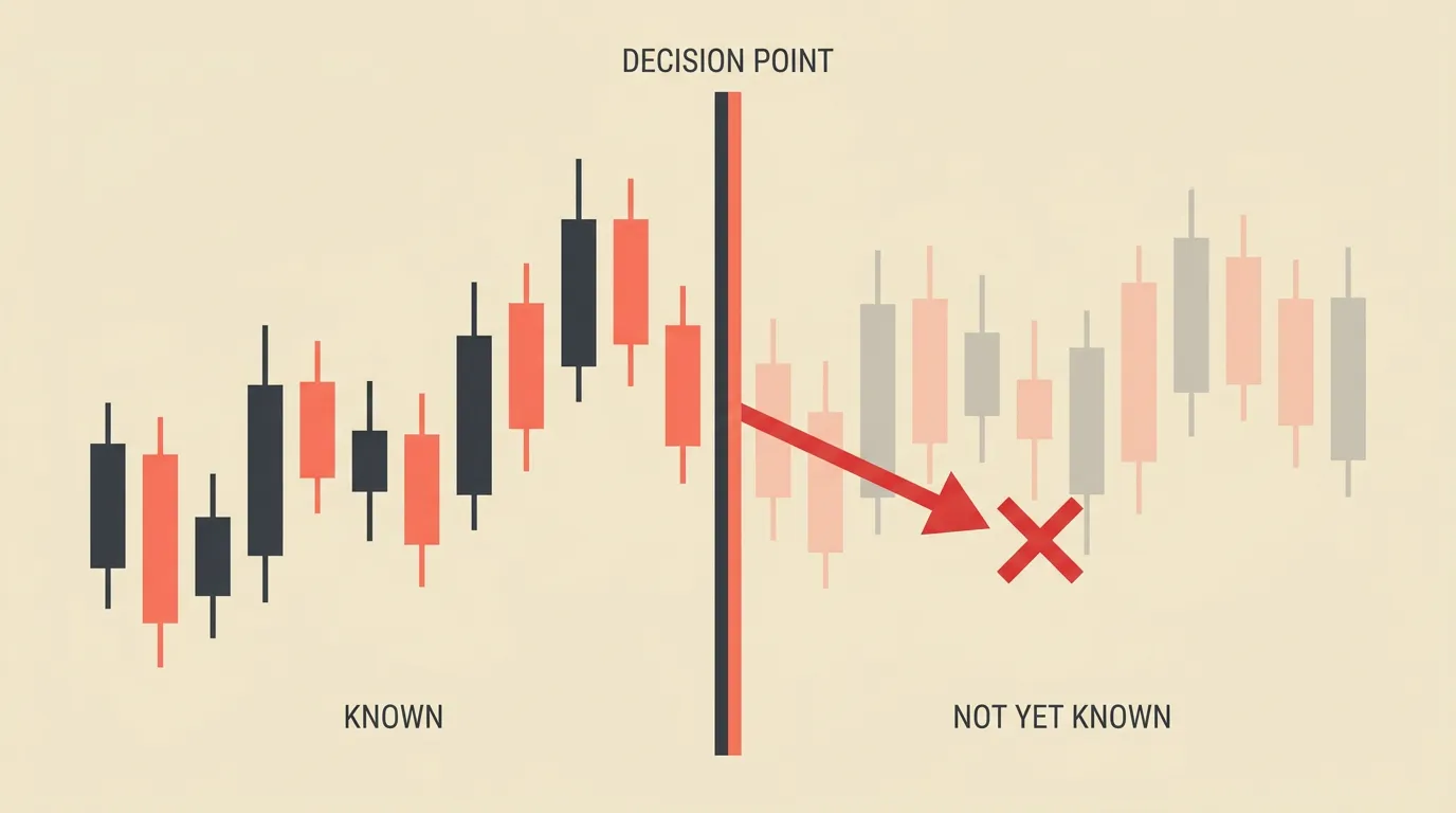 Timeline diagram showing an arrow reaching across a decision-point divider into candles that aren't known yet.