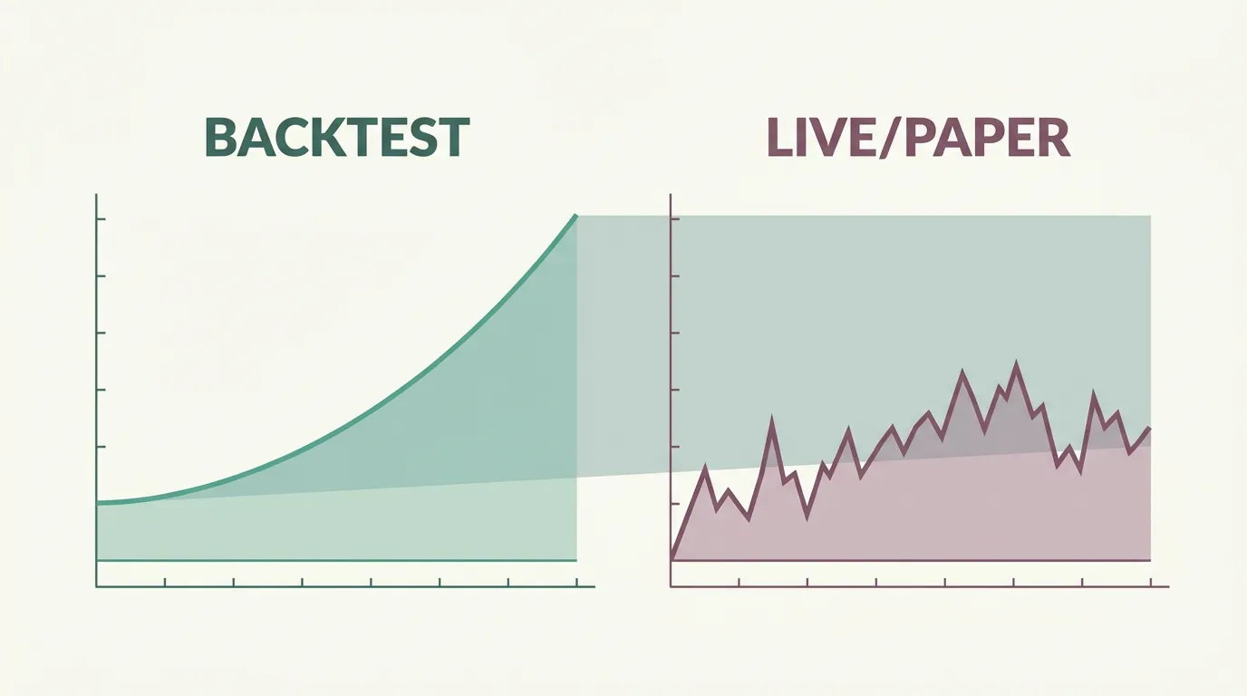 Two equity curves compared: a smooth backtest line above a jagged live line, showing the gap look-ahead bias can create.