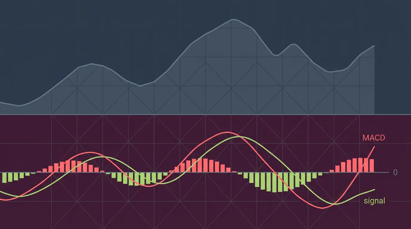 Illustration of a MACD indicator panel with fast and slow lines crossing and a histogram flipping around a zero line