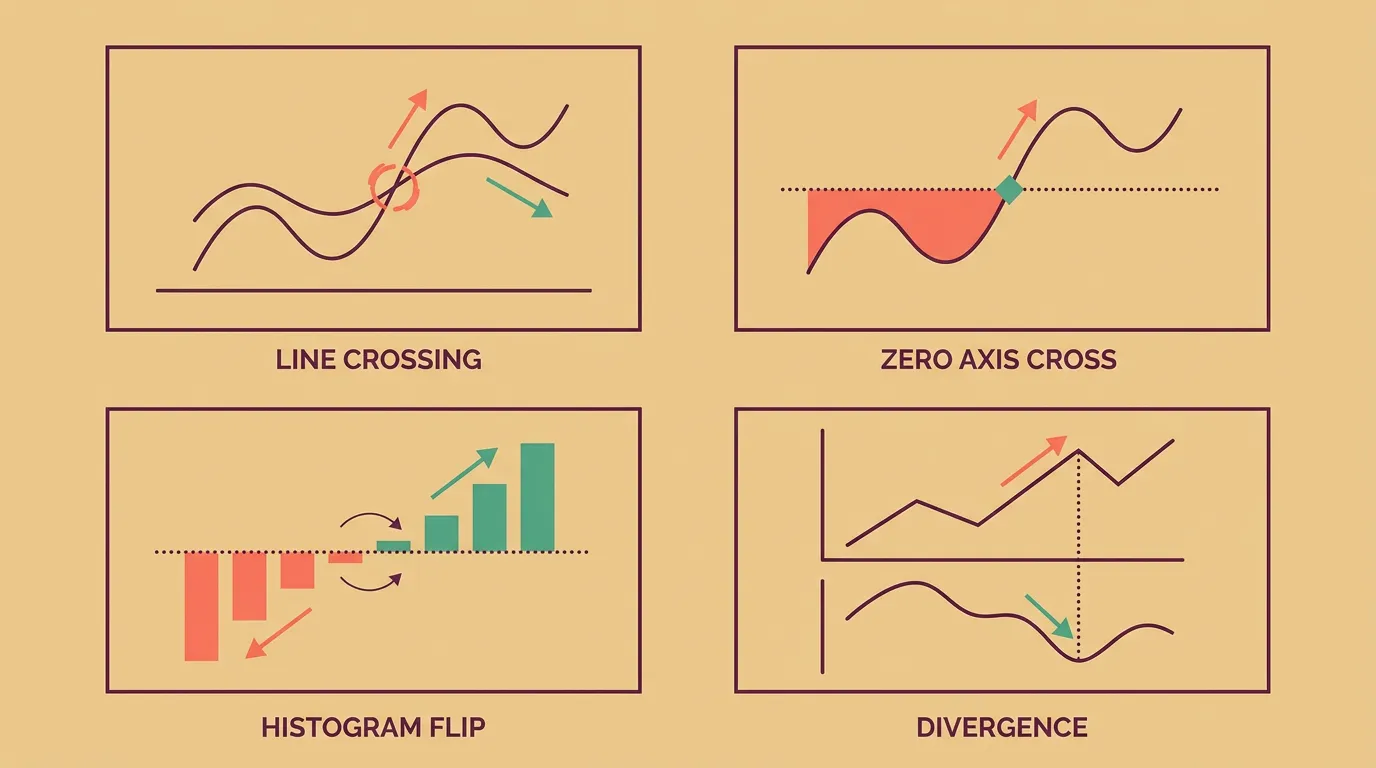 Diagram of the four MACD signals: signal-line cross, zero-line cross, histogram turn and divergence