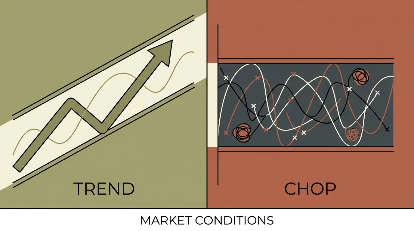 Illustration contrasting MACD behaviour in a trending market versus a choppy sideways range