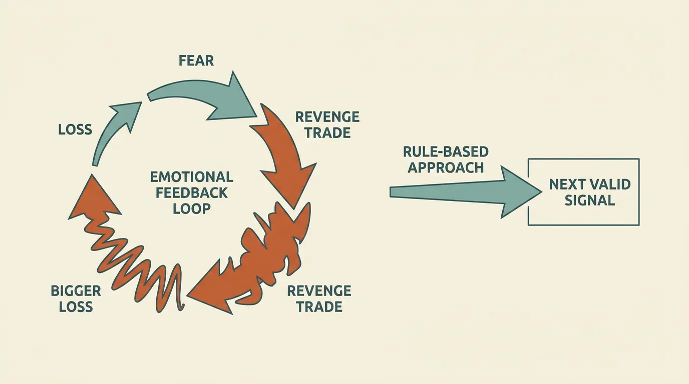 Diagram comparing a chaotic emotional trading loop with a straight rule-based execution path.