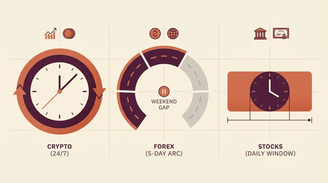 Three schematic clocks showing continuous, weekly-cycle, and short-daily trading hours for crypto, forex, and stocks.