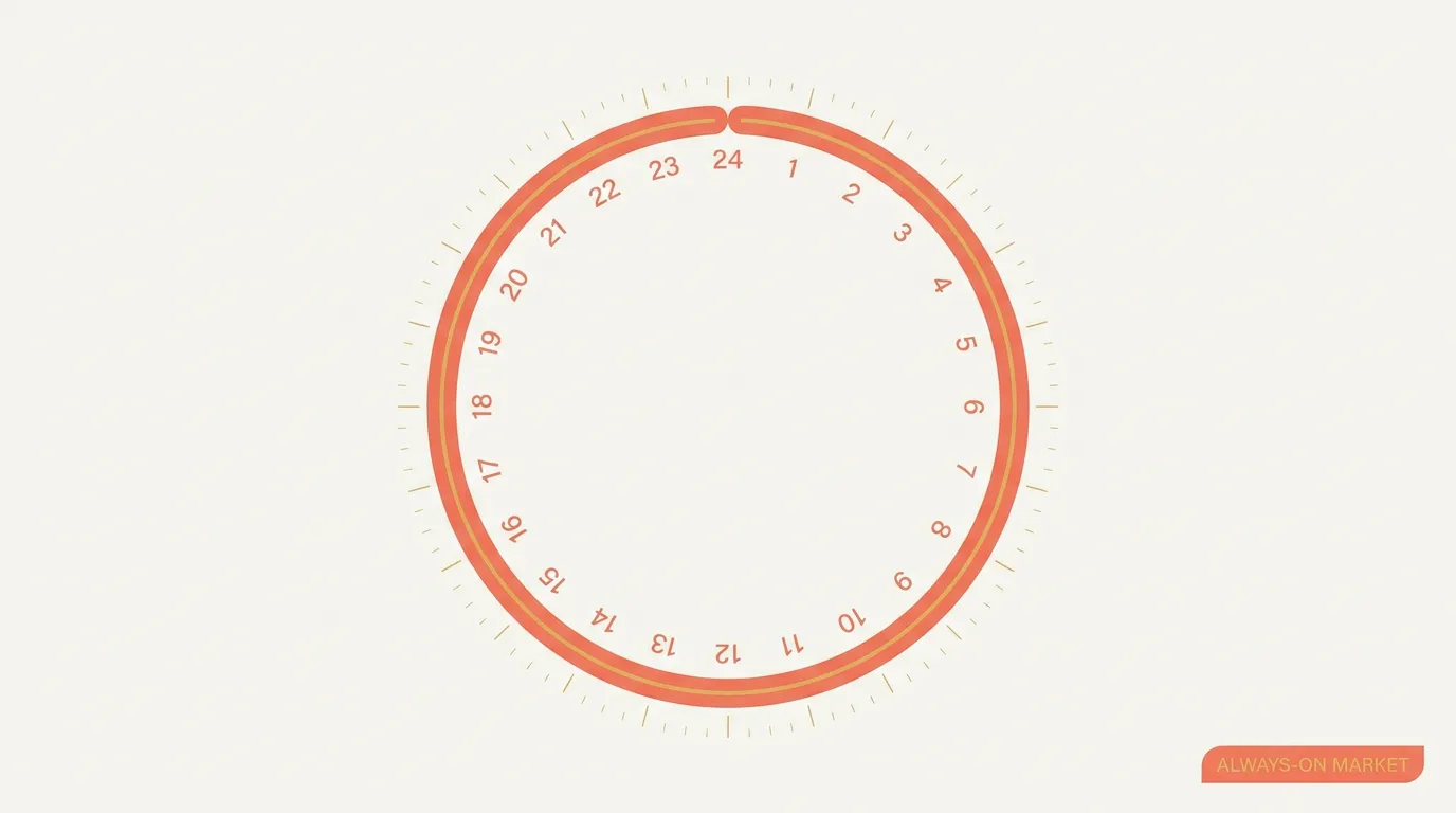 A seamless 24-hour ring illustrating a market that never closes.