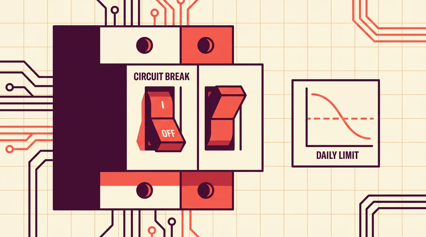 A circuit breaker switching a trading bot off as an equity line crosses a red daily loss threshold.