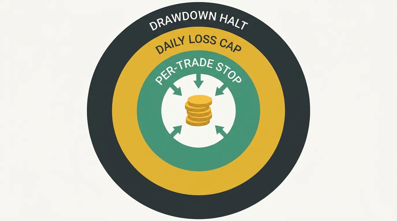 Nested risk guardrails shown as concentric layers: per-trade stop, daily loss cap, and account drawdown halt.