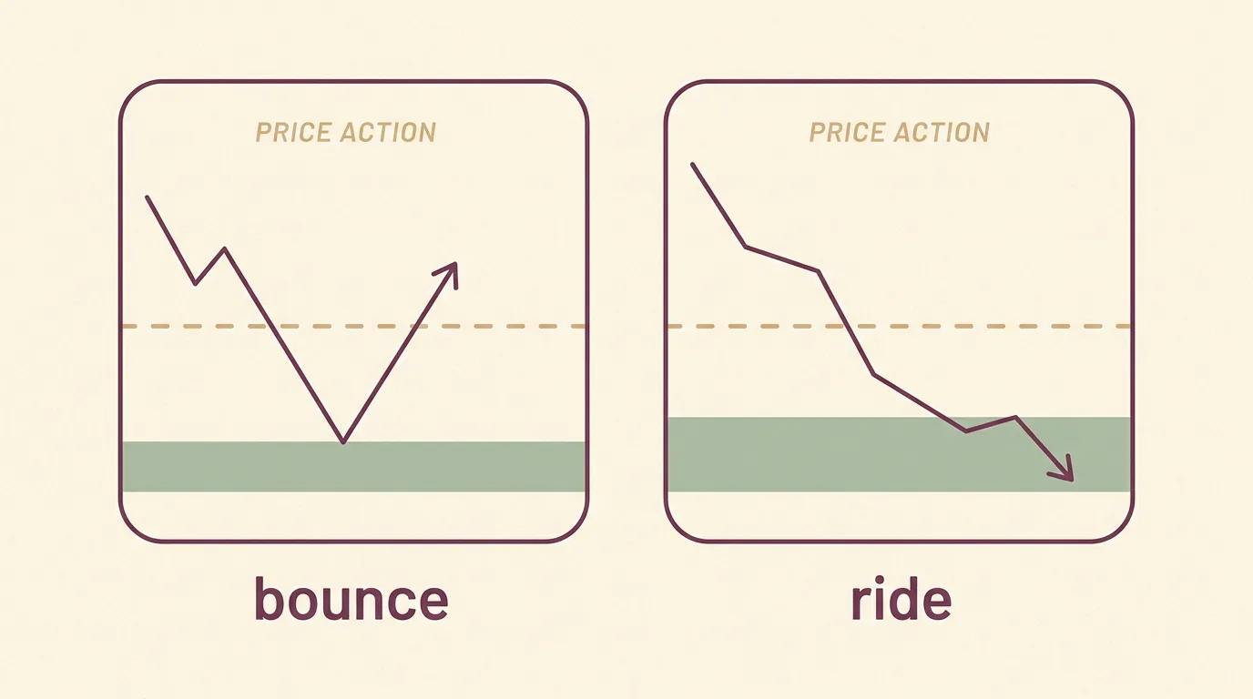 Two chart panels contrasting a band touch that bounces back to the mean with price riding the band lower in a trend