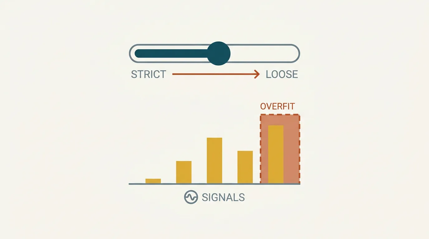 Diagram of a threshold dial showing how stricter regime filter settings reduce the number of surviving trade signals