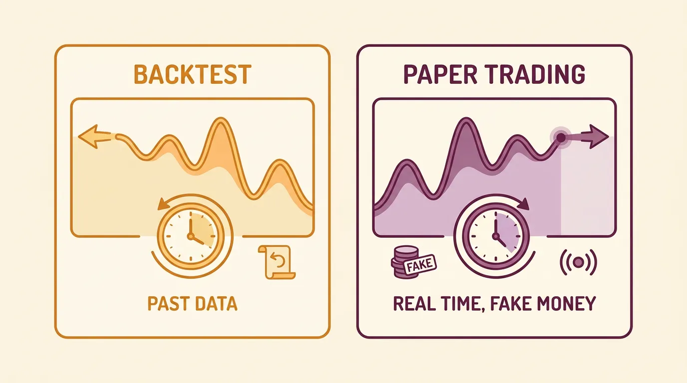 Diagram comparing a backtest replaying past data with paper trading running forward on live prices.