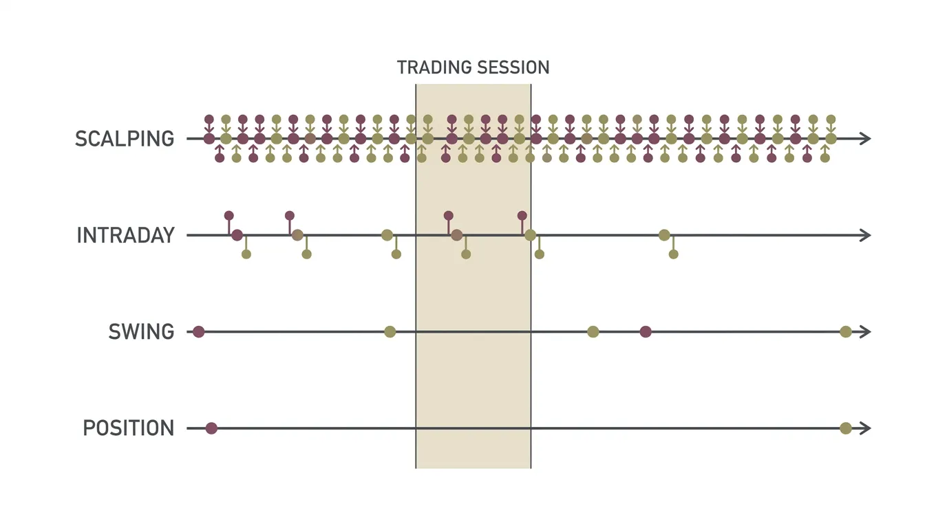 Four timeline lanes showing how trade frequency drops from scalping to position trading