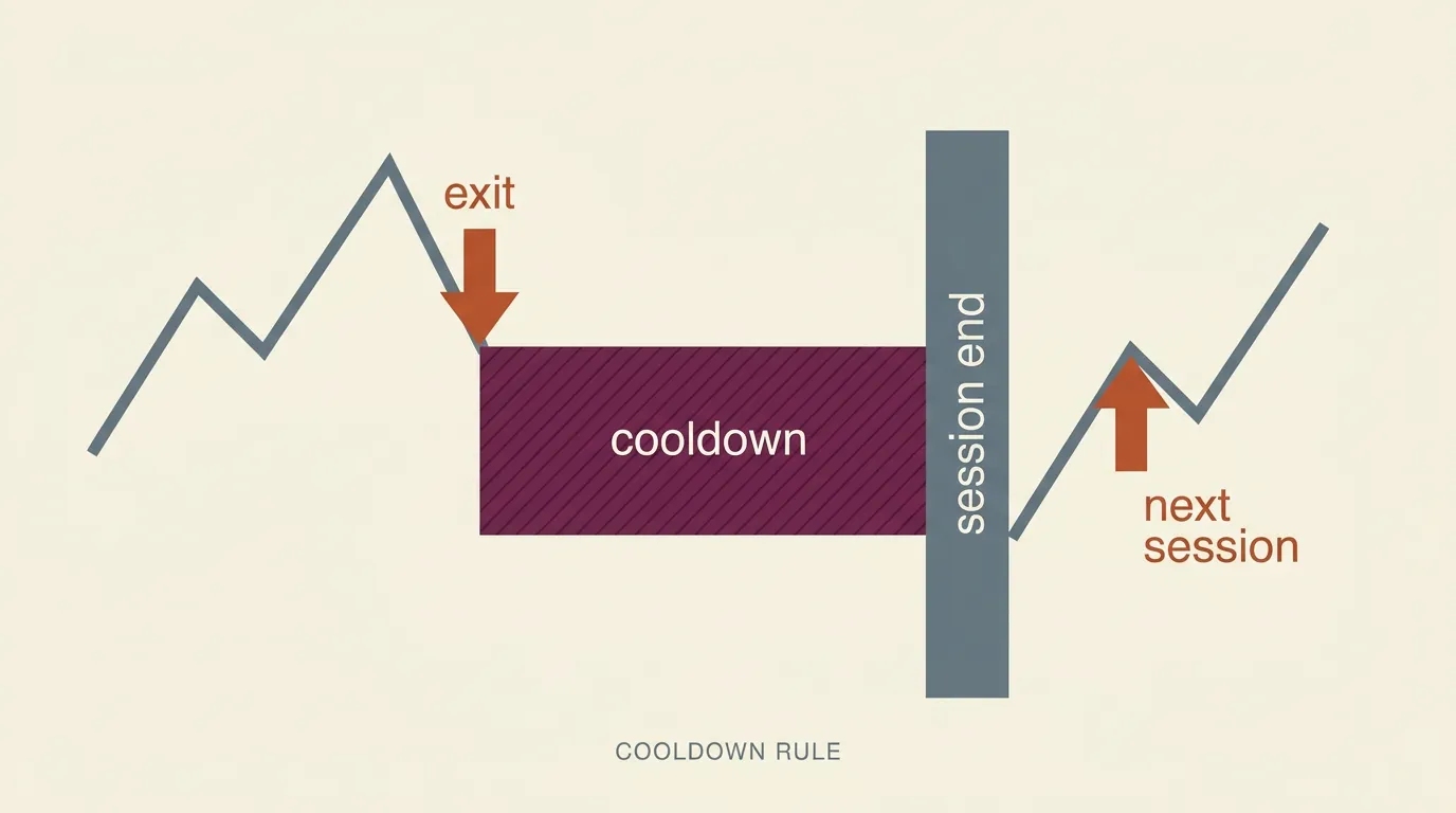 Diagram showing a same-day re-entry cooldown blocking a second trade until the next session