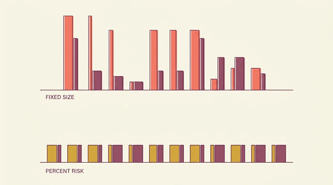 Chart comparing fixed position size versus percent-risk sizing across trades with varying stop distances