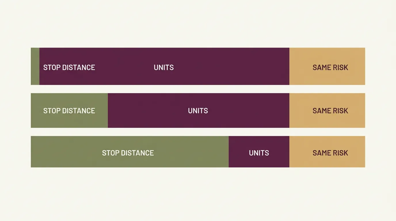 Diagram showing that wider stop distances require fewer units so total risk stays constant