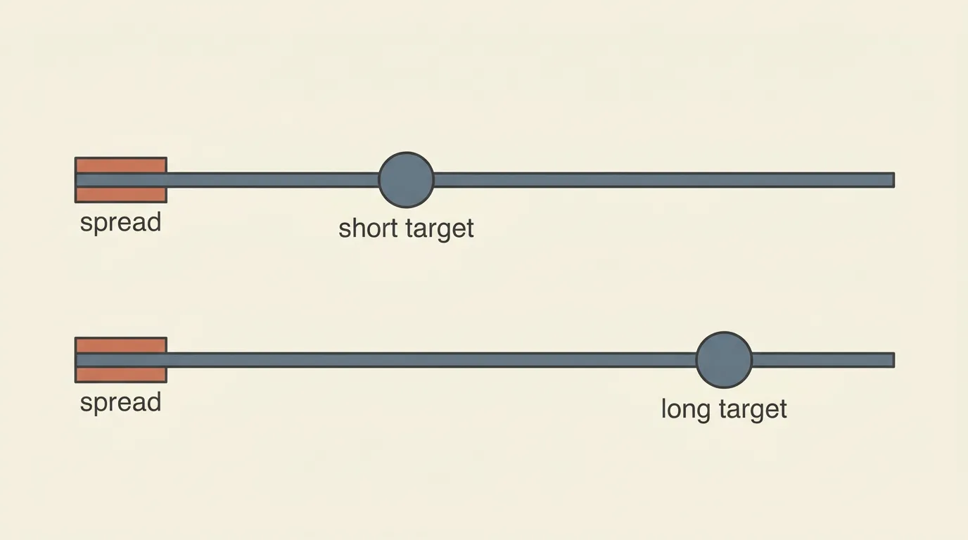 Illustration comparing how spread consumes a large share of a small pip target and a small share of a larger one