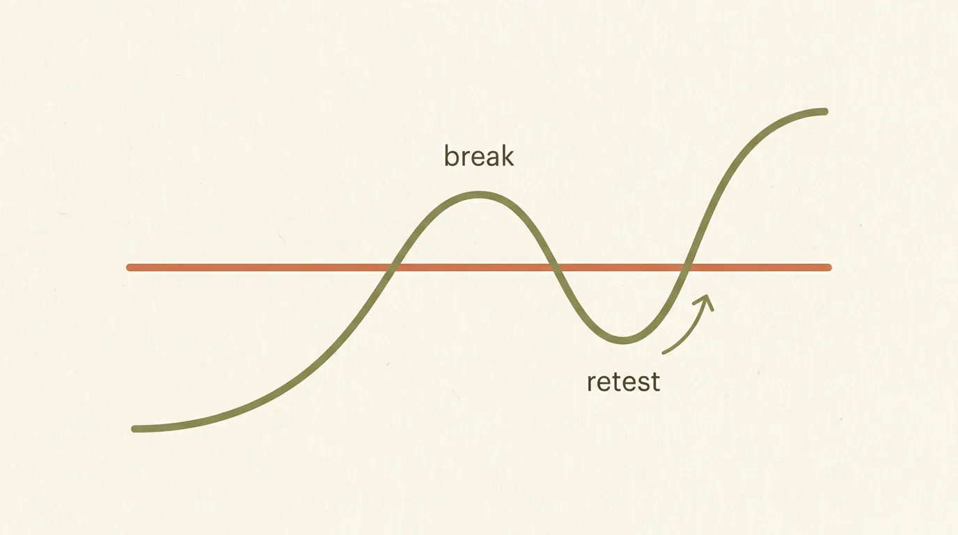 Line chart showing price breaking a level, returning to retest it, and bouncing back in the breakout direction