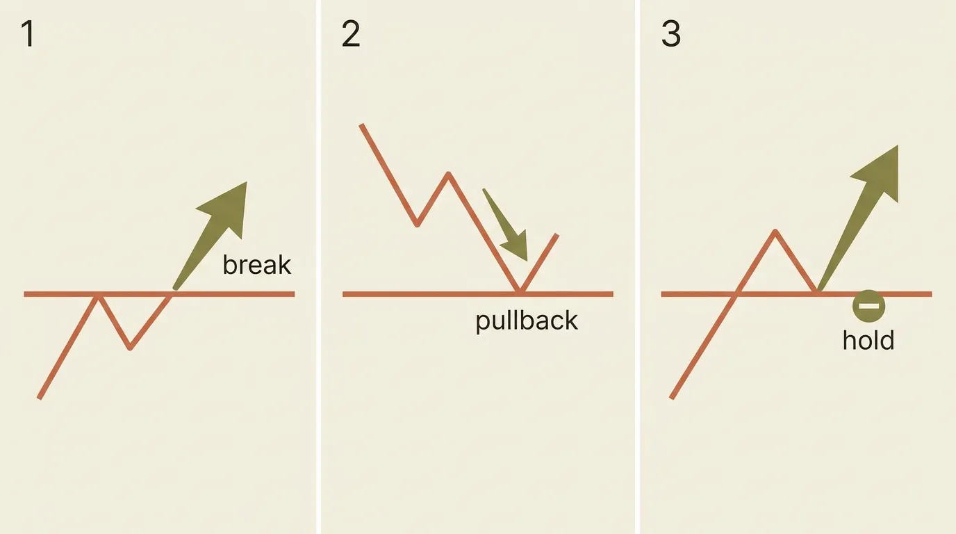 Three-panel diagram showing the break, pullback, and hold stages of a retest entry