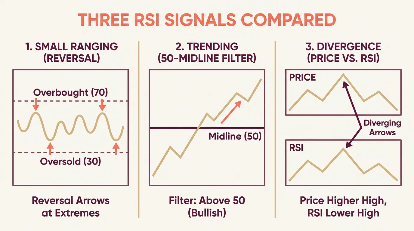 Diagram showing RSI reversal, midline filter, and divergence signals across different market conditions.